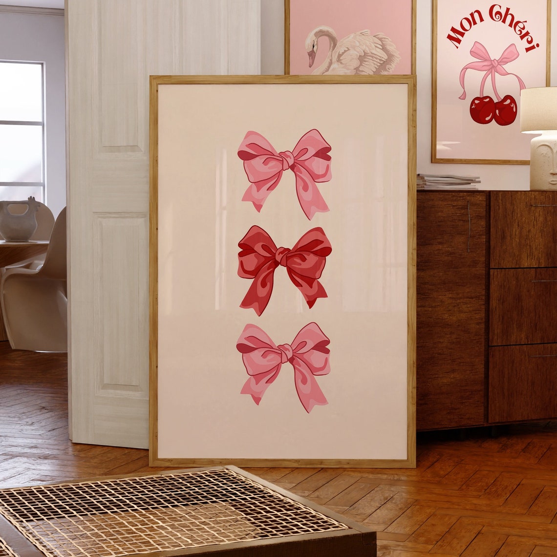 Three Pink Satin Bows Vertical Coquette Trendy Girly Art Poster