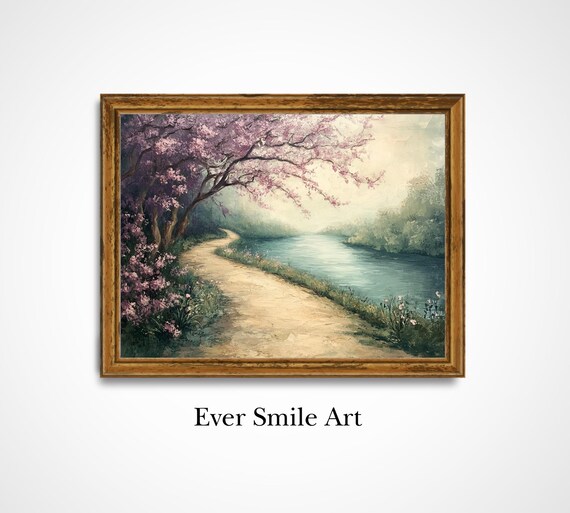 Cherry Blossom Tree Over River Path Misty Spring Landscape Poster