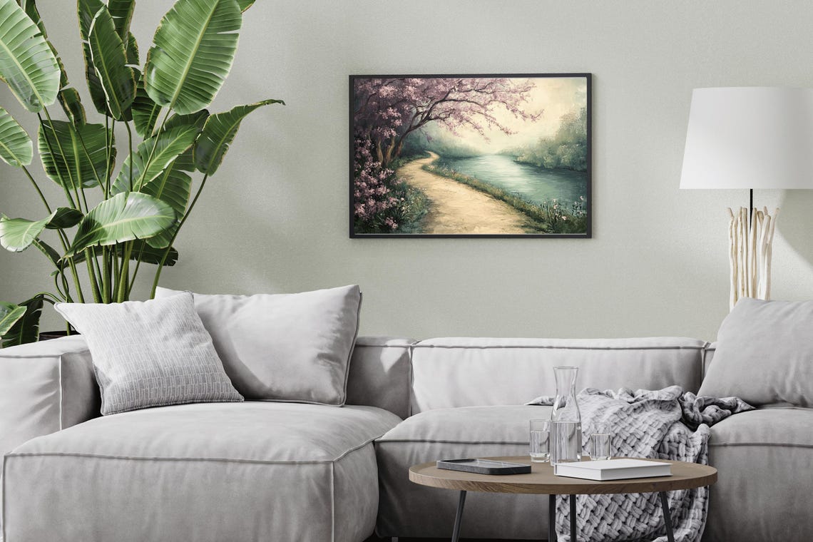 Cherry Blossom Tree Over River Path Misty Spring Landscape Poster - Image 2