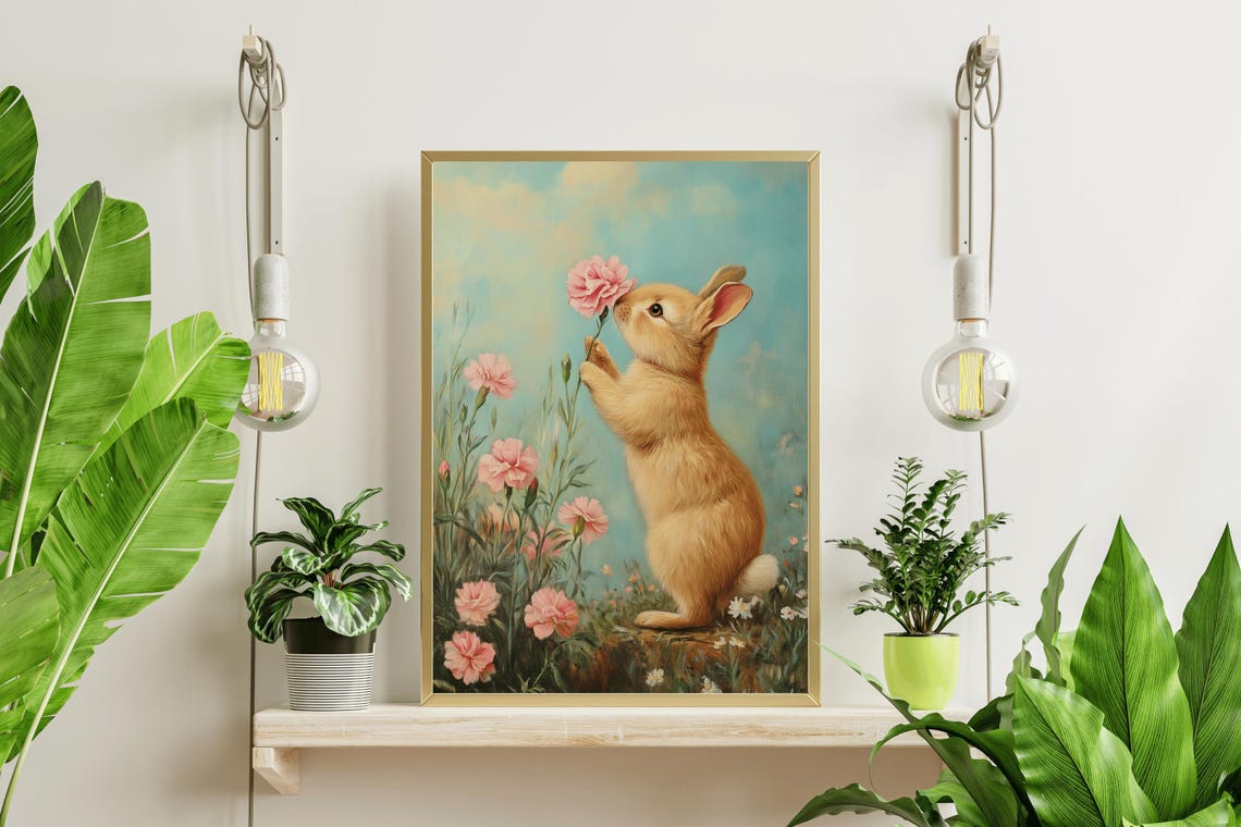 Rabbit Print Nursery Decor Childrens Room Rabbit Smelling Flower Pink Carnation Easter Decoration Whimsical Cute Rabbit - Image 4