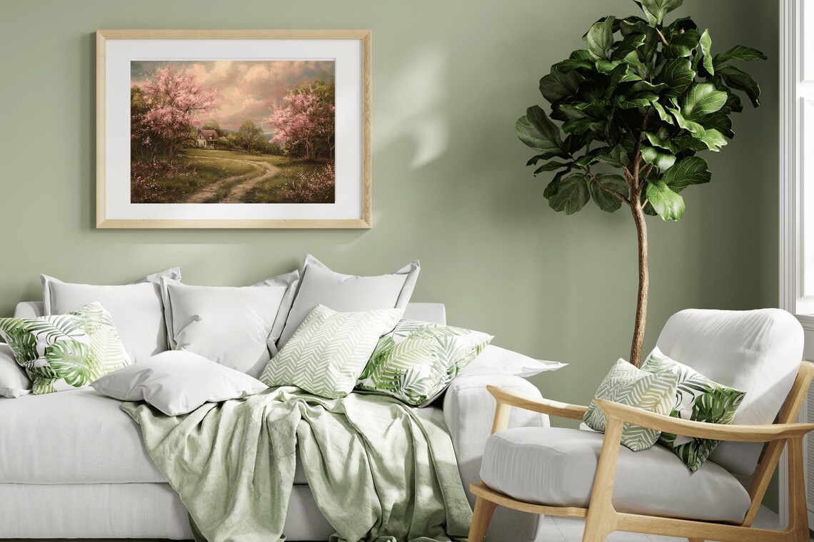 Spring Cottage Pink Blossom Trees Winding Path Country Cottagecore Art Poster - Image 5