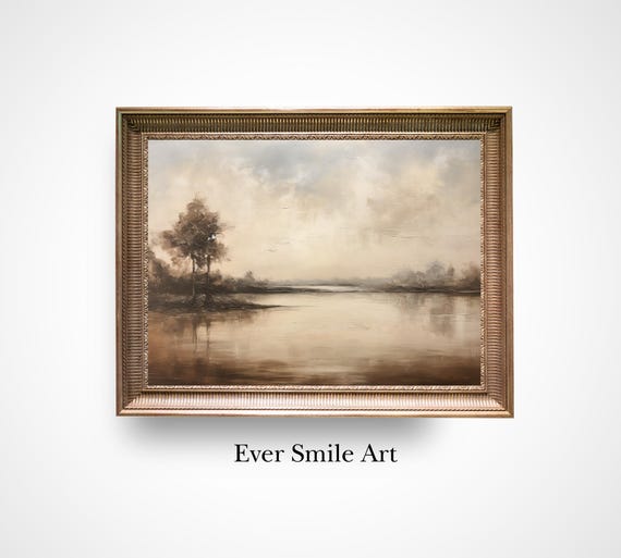 Vintage Oil Painting Scenic View Of Water And Tree Original Rustic Landscape Artwork Timeless Nature Wall Art For Home Decor And Unique Gift