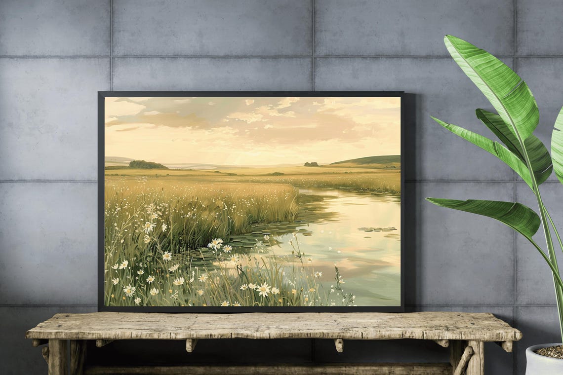 Wildflowers River Bend Golden Evening Light Serene Nature Art Poster - Image 4