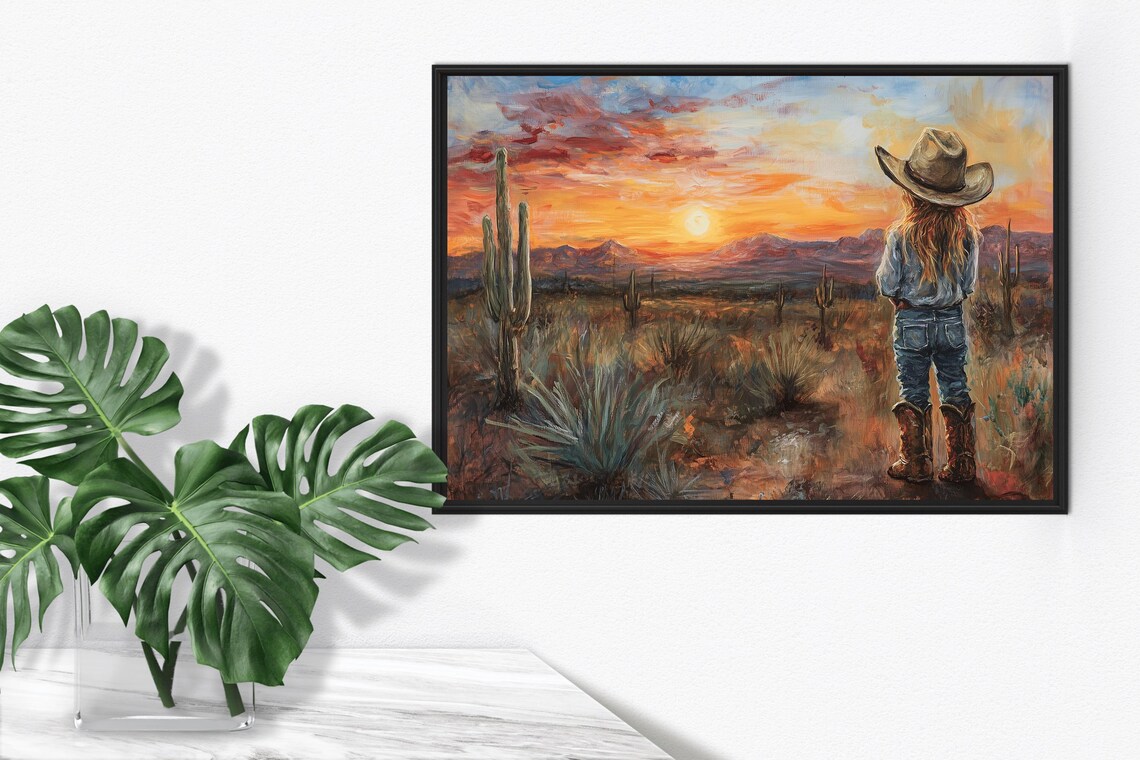 Little Cowgirl Watching Desert Sunset Saguaros Western Art Print - Image 4