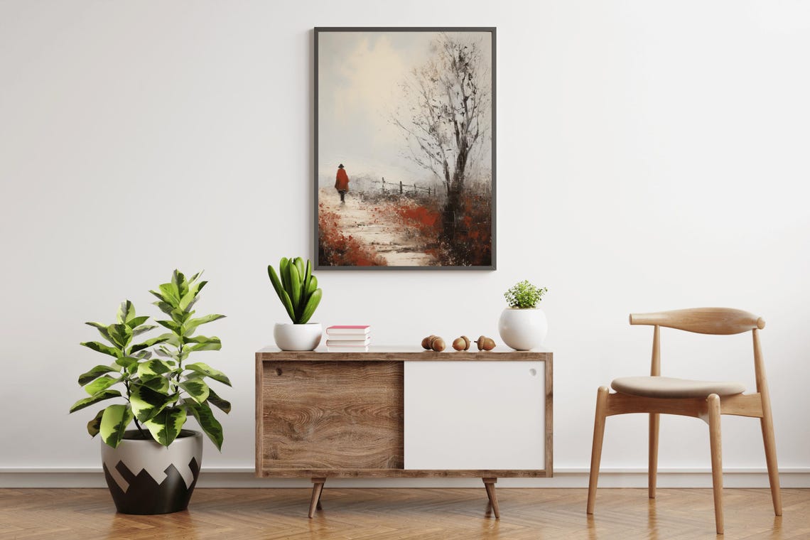 Red Coat Winter Walker Snowy Path Vintage Oil Painting Wall Art - Image 3