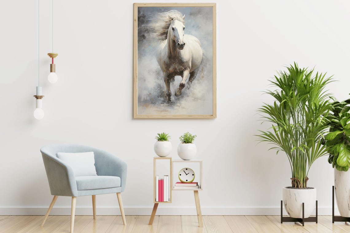 White Horse Galloping Through Mist Majestic Equine Oil Painting Print - Image 4