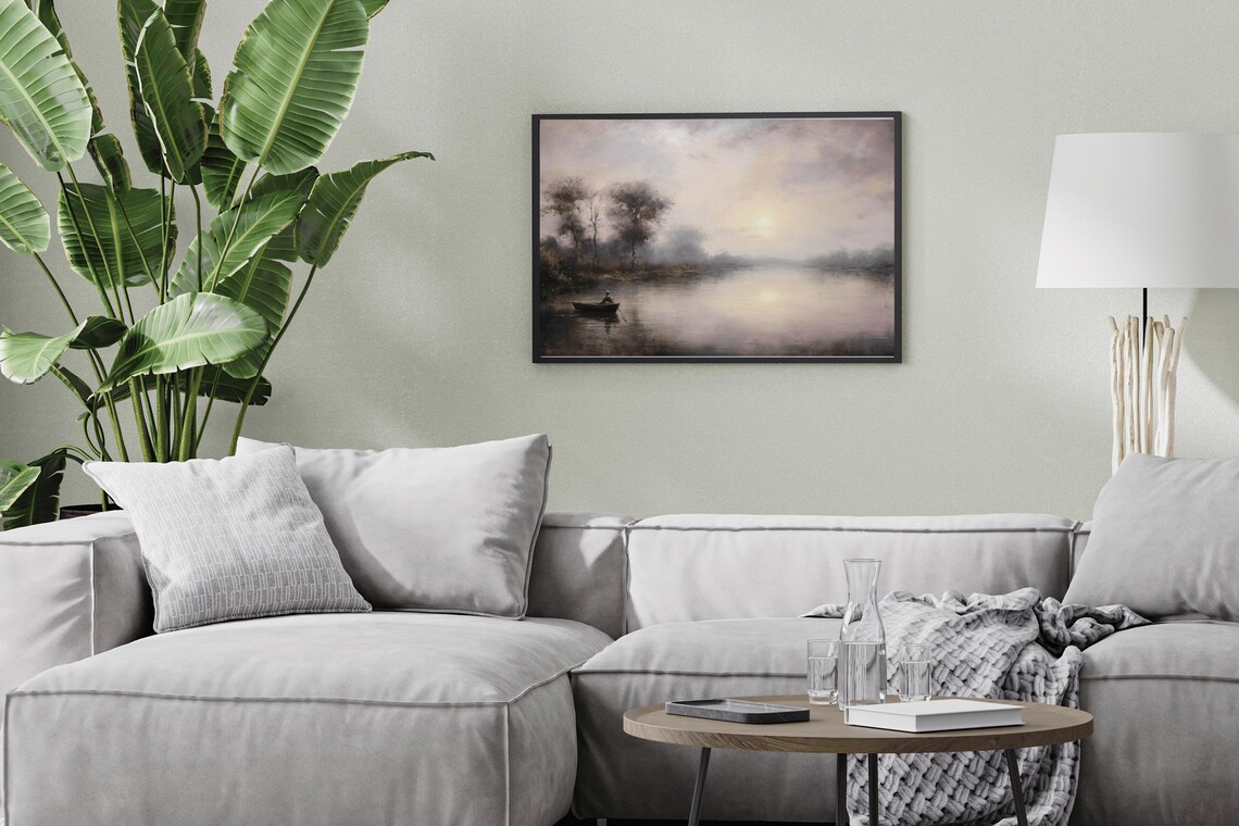 Lone Rower Misty River Dusk Vintage Oil Painting Boat Wall Art - Image 3