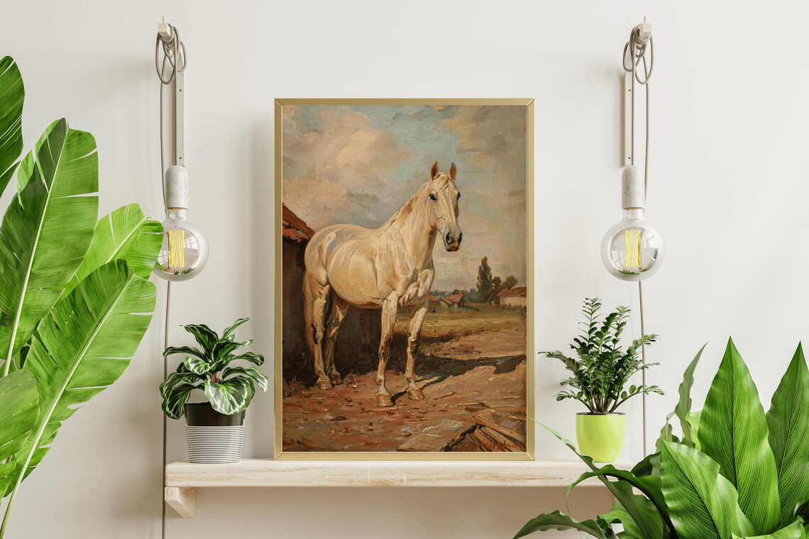 White Horse Standing Farmyard Classic Traditional Equine Oil Painting - Image 4