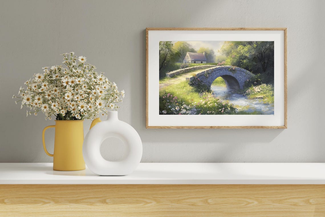 Old Stone Bridge Over Stream With Cottage Vintage Spring Poster - Image 4