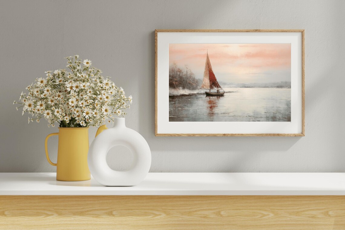 Red Sails Sailboat Sunset Vintage Oil Painting Nautical Wall Art - Image 5