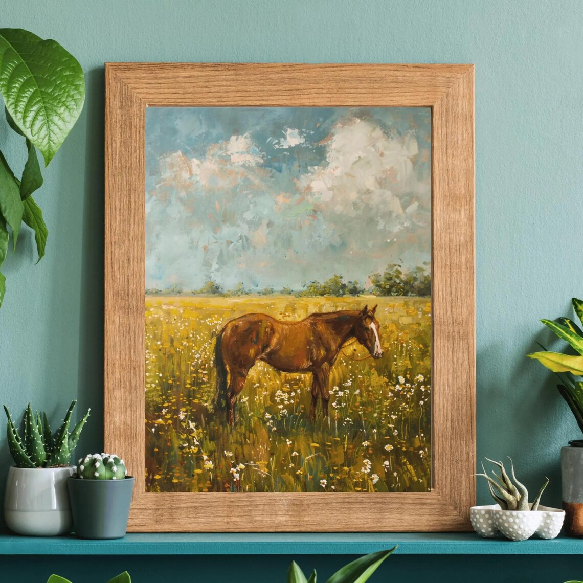 Chestnut Horse Wildflower Field Summer Day Vintage Oil Painting Print - Image 2