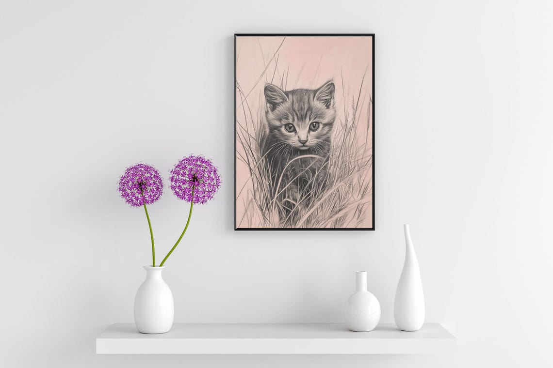 Tabby Kitten Sketch In Grass Vintage Cat Nursery Wall Art Poster - Image 4
