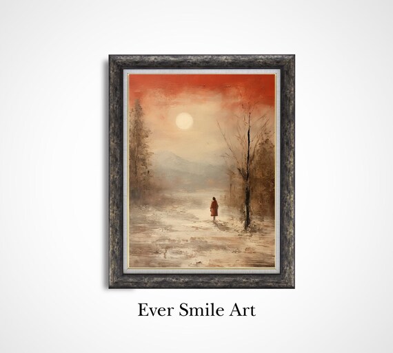 Lone Figure Red Coat Snowy Path Burnt Orange Sunset Winter Art Poster