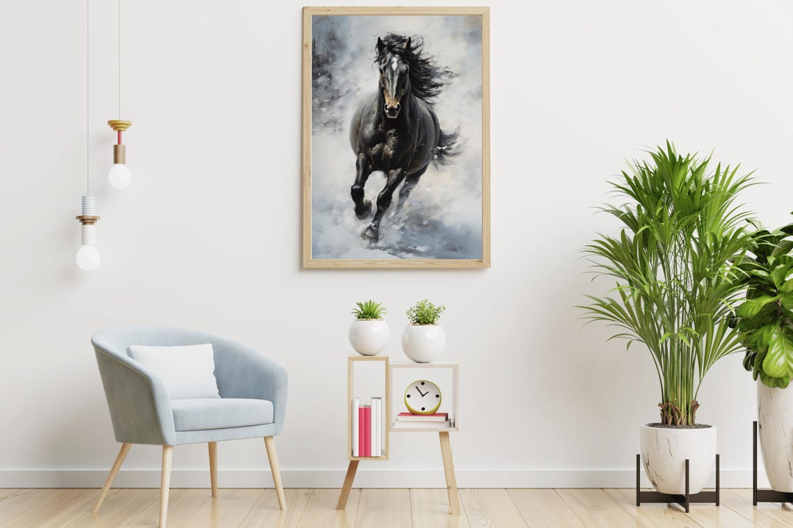 Black Horse Galloping Through Mist Dramatic Equine Oil Painting Print - Image 4