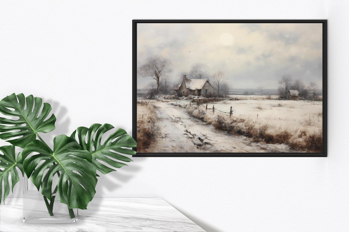 Winter Farmhouse Snowy Country Road Vintage Rustic Oil Painting - Image 4