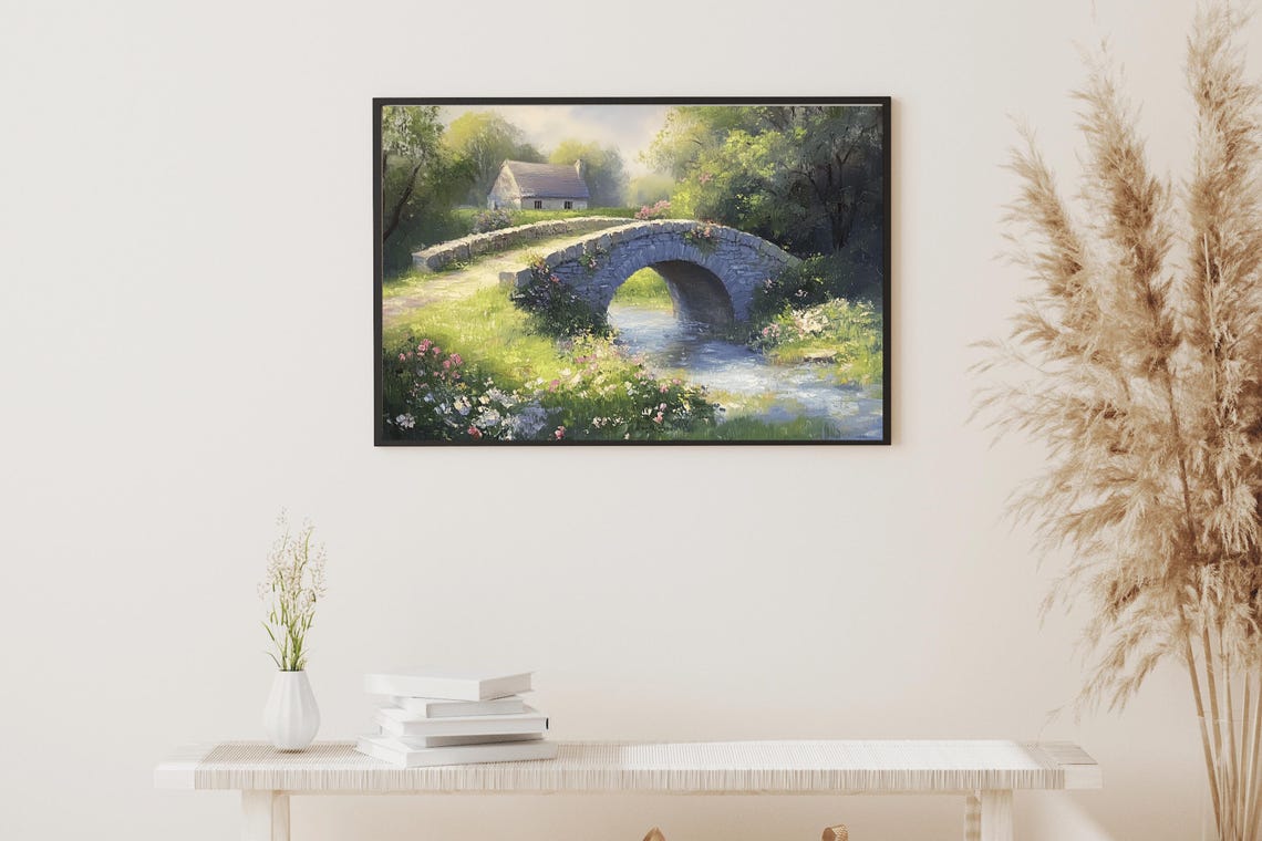 Old Stone Bridge Over Stream With Cottage Vintage Spring Poster - Image 3