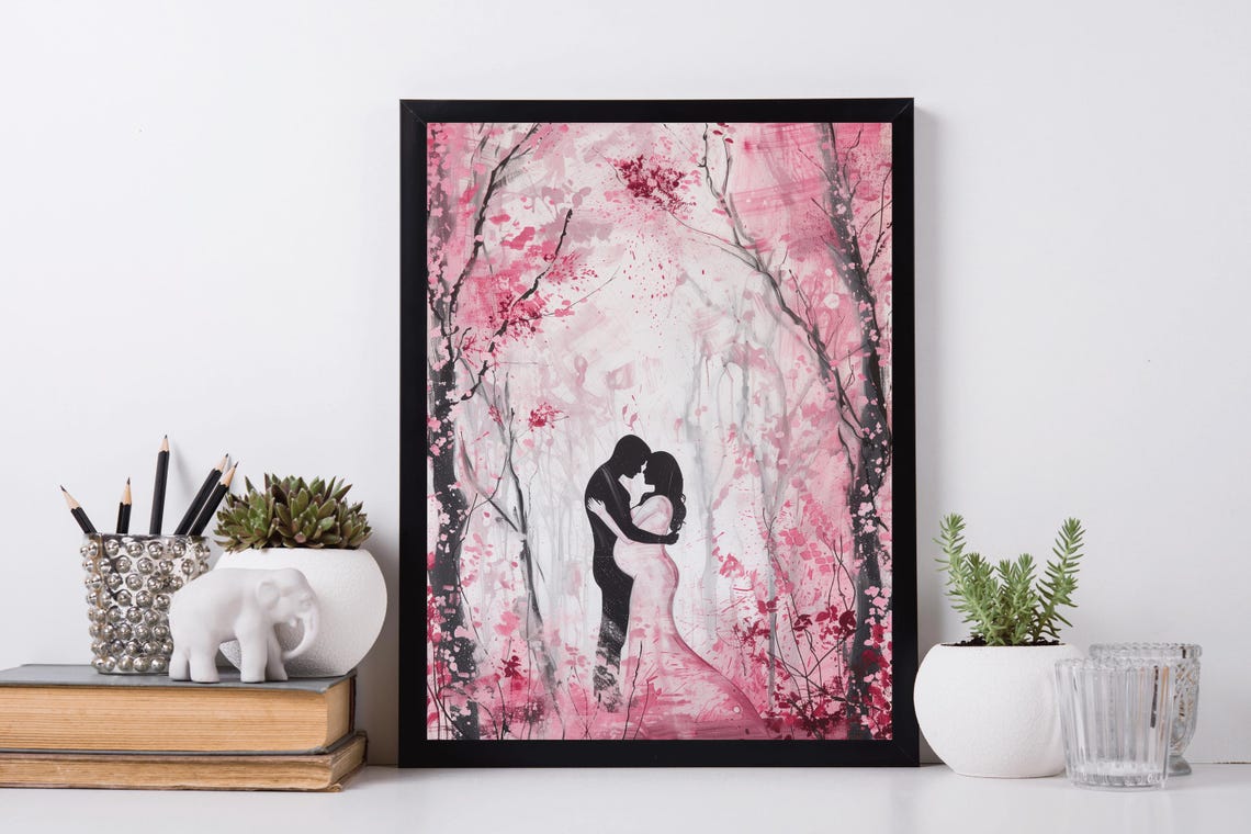 Embracing Couple Pink Blossom Forest Romantic Silhouette Art Poster - Image 5