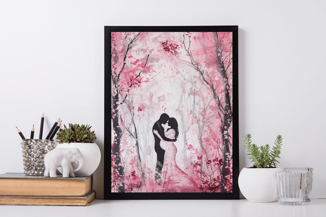 Romantic Couple Oil Painting Embracing With Pregnant Woman Vintage Art Wedding Anniversary Love Valentines Day Gift Art - Image 5