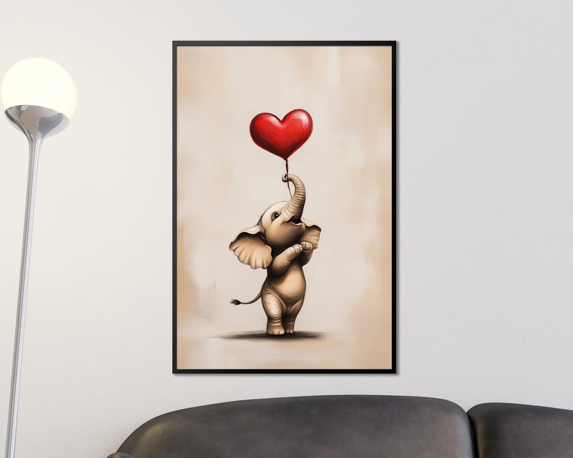 Cute Baby Elephant Holding Red Heart Balloon Nursery Wall Art - Image 4