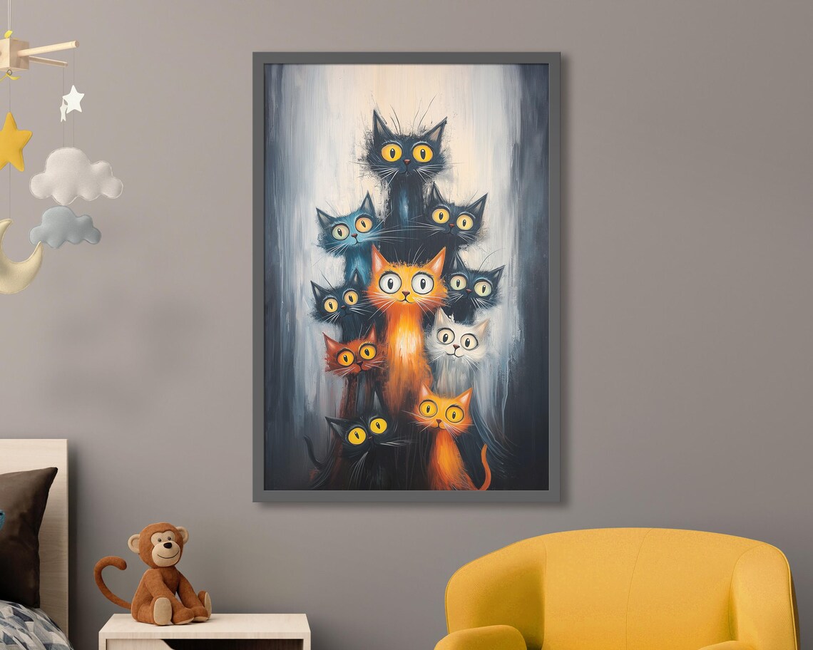 Midnight Mischief Cat Gang Nine Cats Big Eyes Whimsical Feline Poster