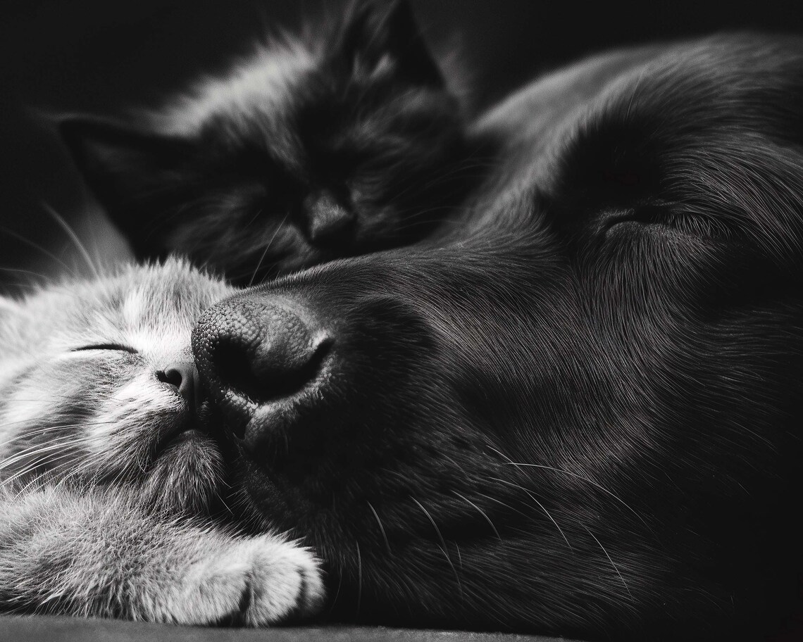 Cozy Black And White Dog Cuddling Sleeping Kittens Tender Pet Photo Poster - Image 3