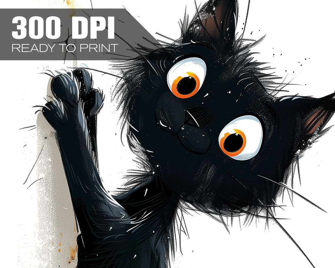 Funny Climbing Black Cat Cartoon Ink Splatter Wall Art Quirky Poster - Image 4