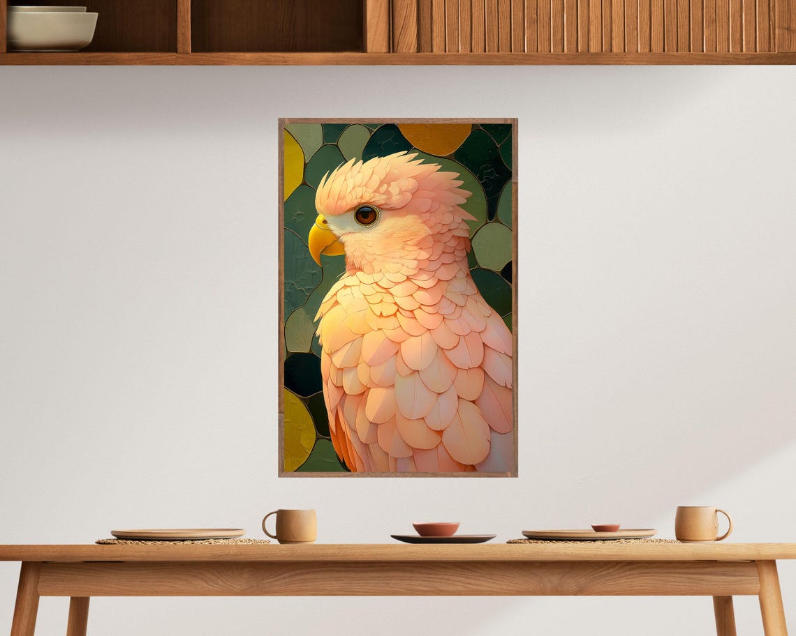 Peach Parrot Stained Glass Mosaic Style Pastel Bird Portrait Print