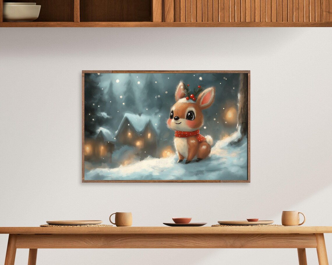 Cute Christmas Fawn In Snowy Village Holiday Winter Deer Poster