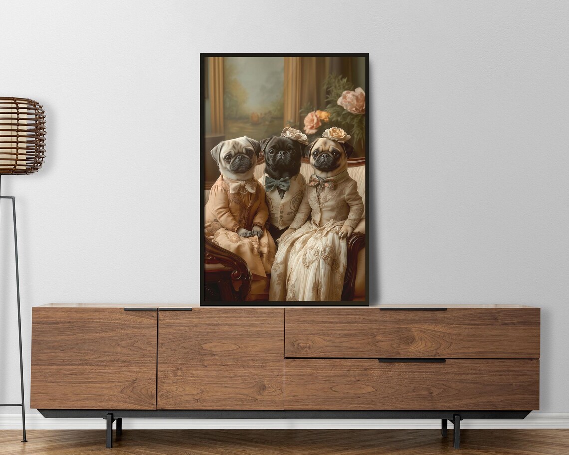 Victorian Pug Family Portrait Three Pugs In Vintage Attire Poster - Image 3