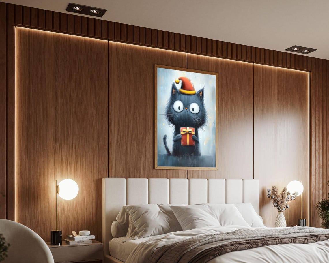 Black Cat With Santa Hat Holding Gift Box Funny Christmas Art Poster - Image 4