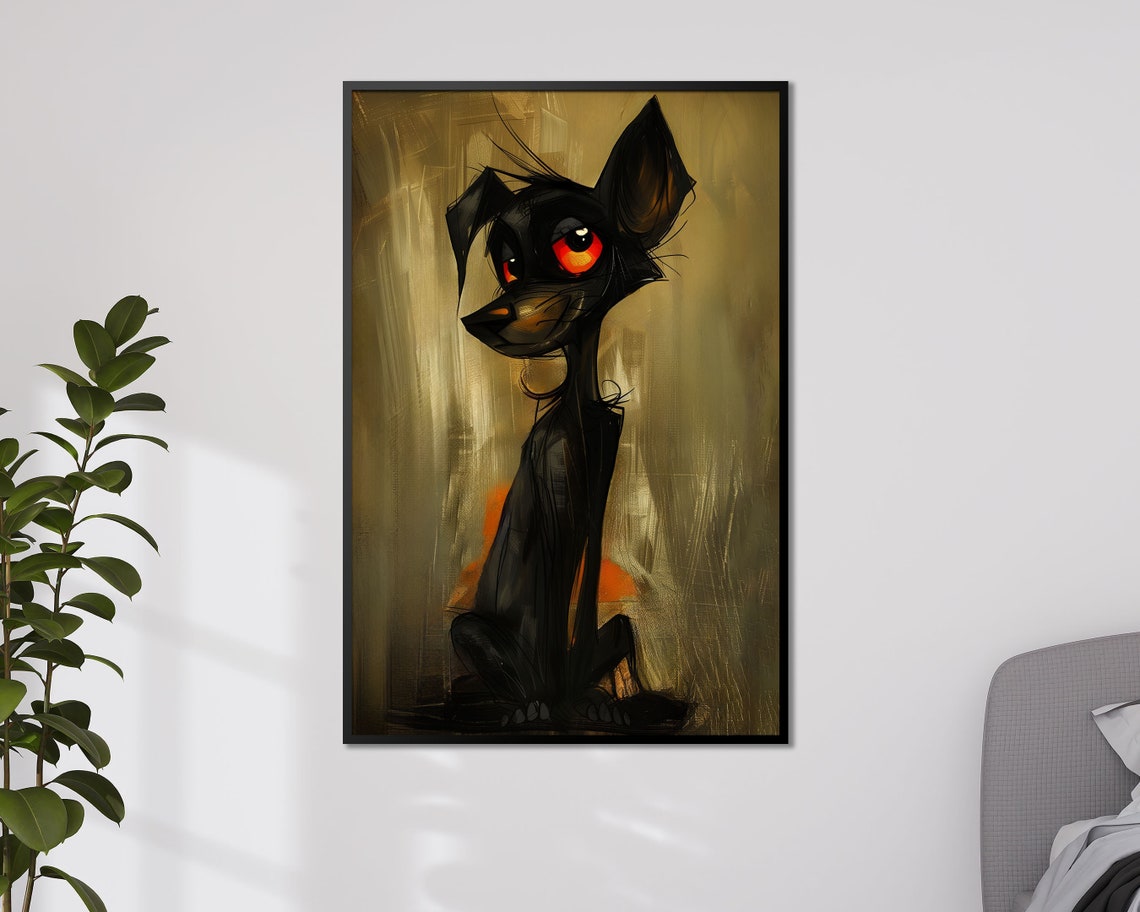 Whimsical Black Dog Glowing Orange Eyes Grunge Quirky Pet Art Poster - Image 4