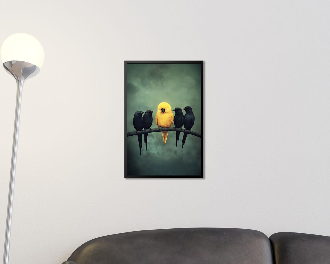 Yellow Bird Among Black Birds On Branch Moody Minimal Art Poster - Image 2