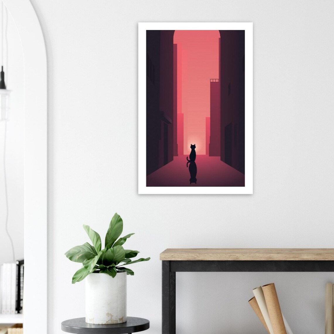 Twilight Whispers Urban Cat Alley Pink Sunset Minimalist Silhouette Poster - Image 3