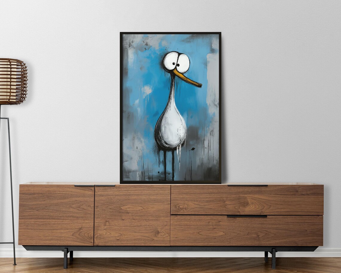 Funny Goofy Bird Quirky Cartoon Painting Blue Abstract Art Poster - Image 3