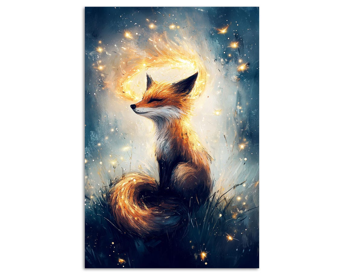 Mystical Glowing Fox With Fiery Aura Starry Night Fantasy Poster - Image 5