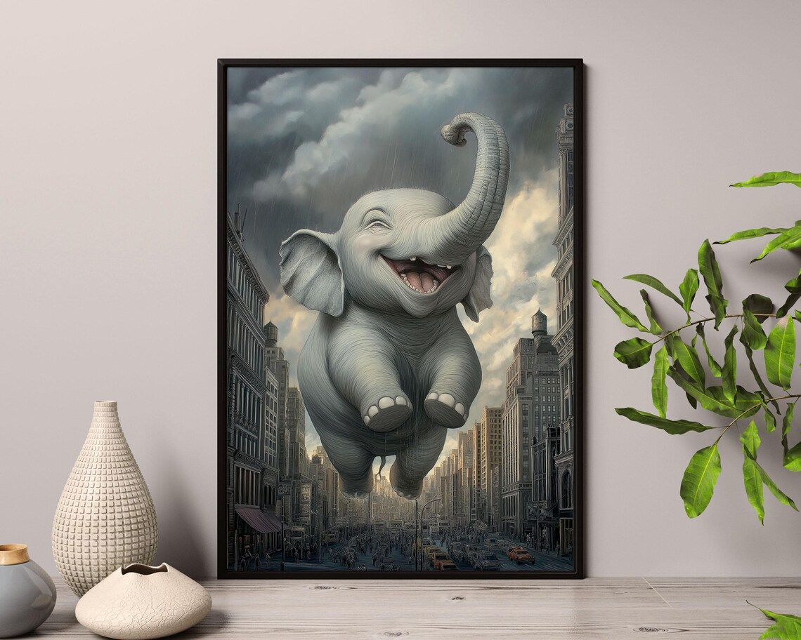 Giant Happy Elephant Flying Over City Street Surreal Wall Art - Image 3