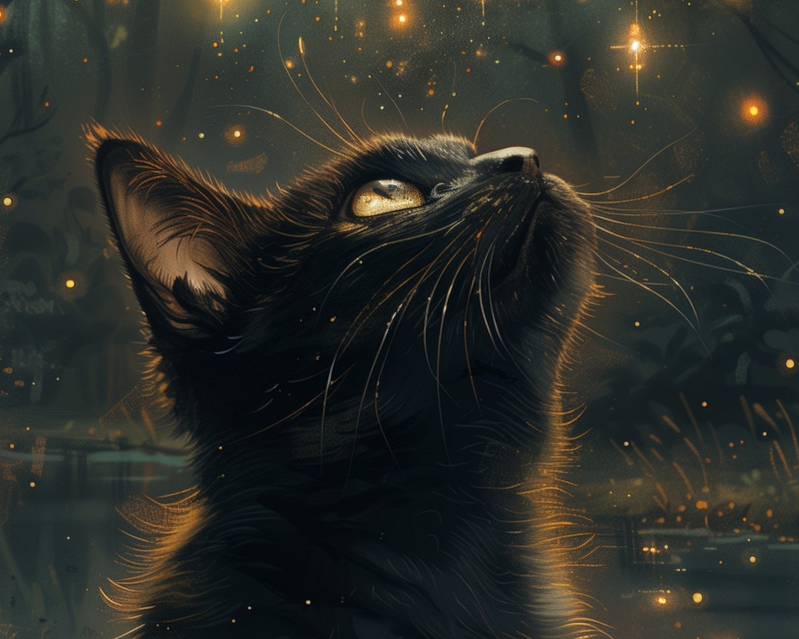 Black Cat Gazing At Fireflies Magical Night Forest Art Poster - Image 5