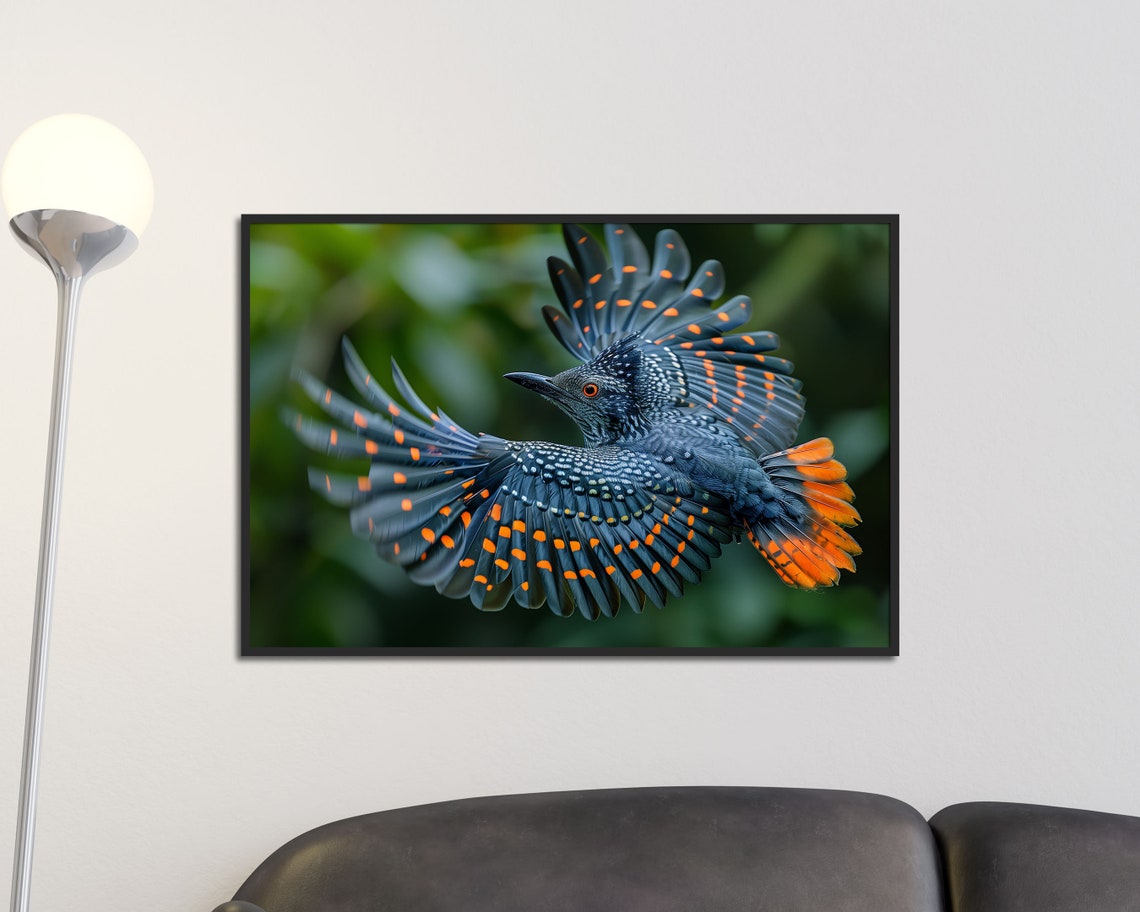 Exotic Spotted Blue Bird In Flight Orange Wings Nature Wall Art Print - Image 3
