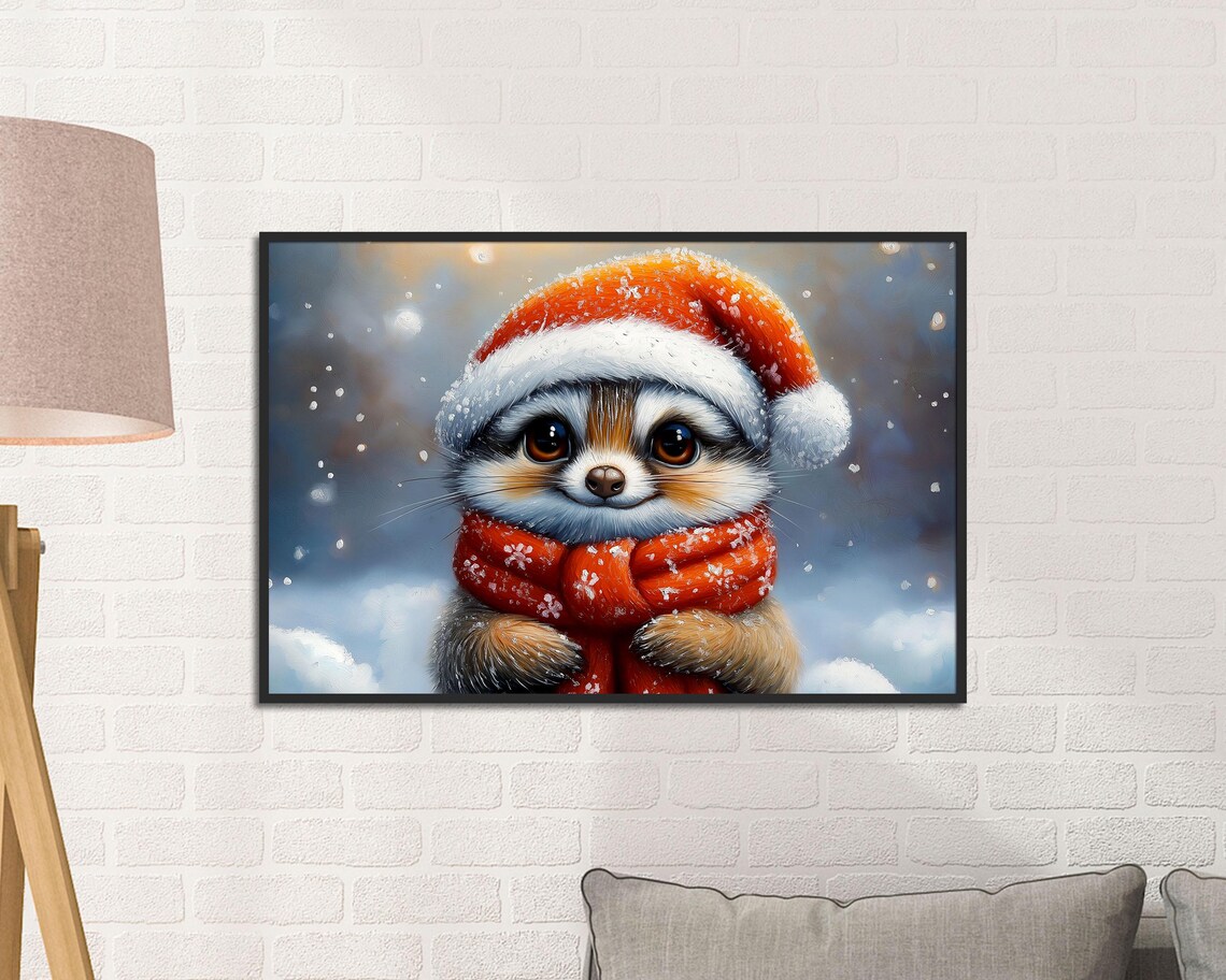 Raccoon In Santa Hat And Snowflake Scarf Winter Christmas Poster - Image 2