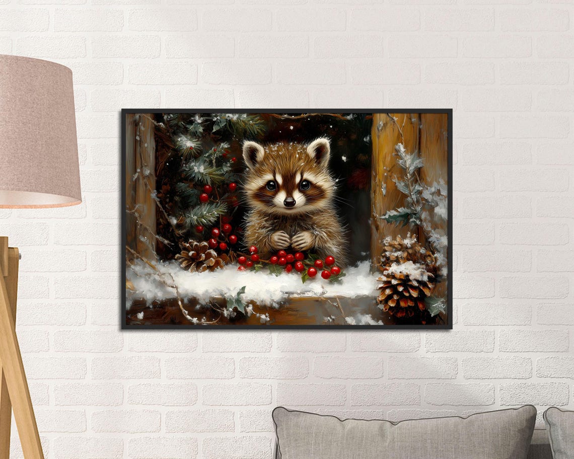Raccoon Peeking Through Snowy Window With Red Berries Art Poster - Image 2