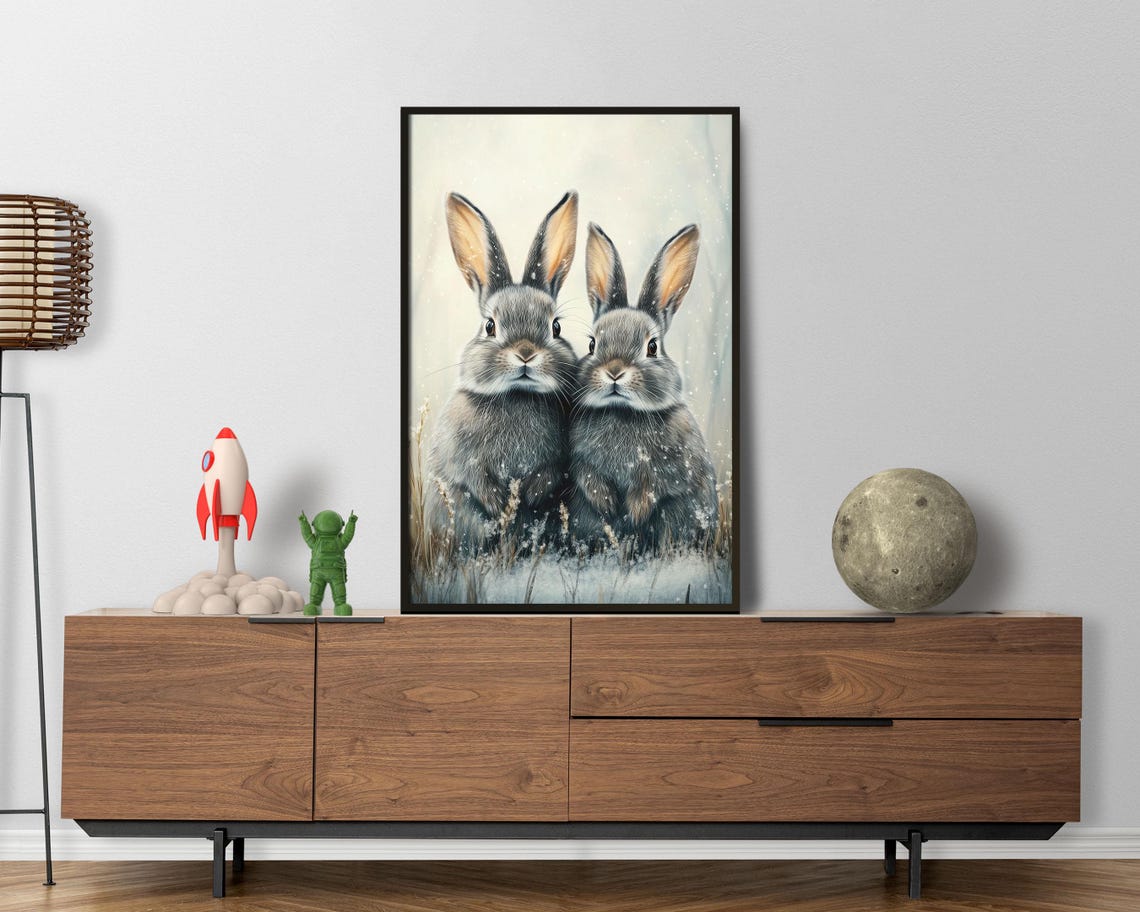 Two Rabbits In Snowfall Winter Bunnies Watercolor Art Poster - Image 4
