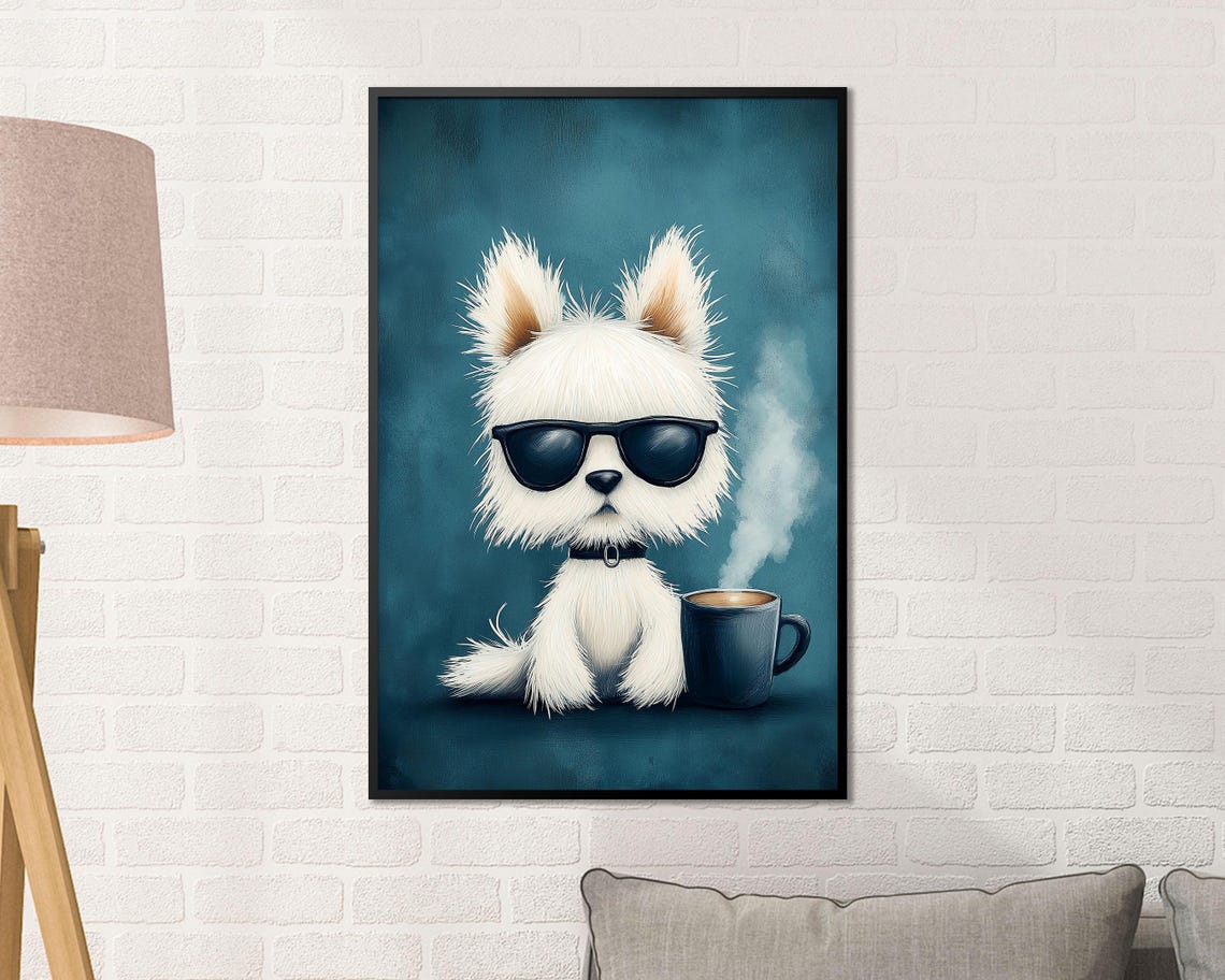 Cool White Puppy With Sunglasses Steaming Coffee Cup Art Poster - Image 4