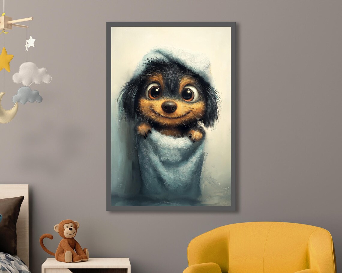 Black And Tan Puppy Wrapped In Towel Cute Bathroom Dog Art Poster