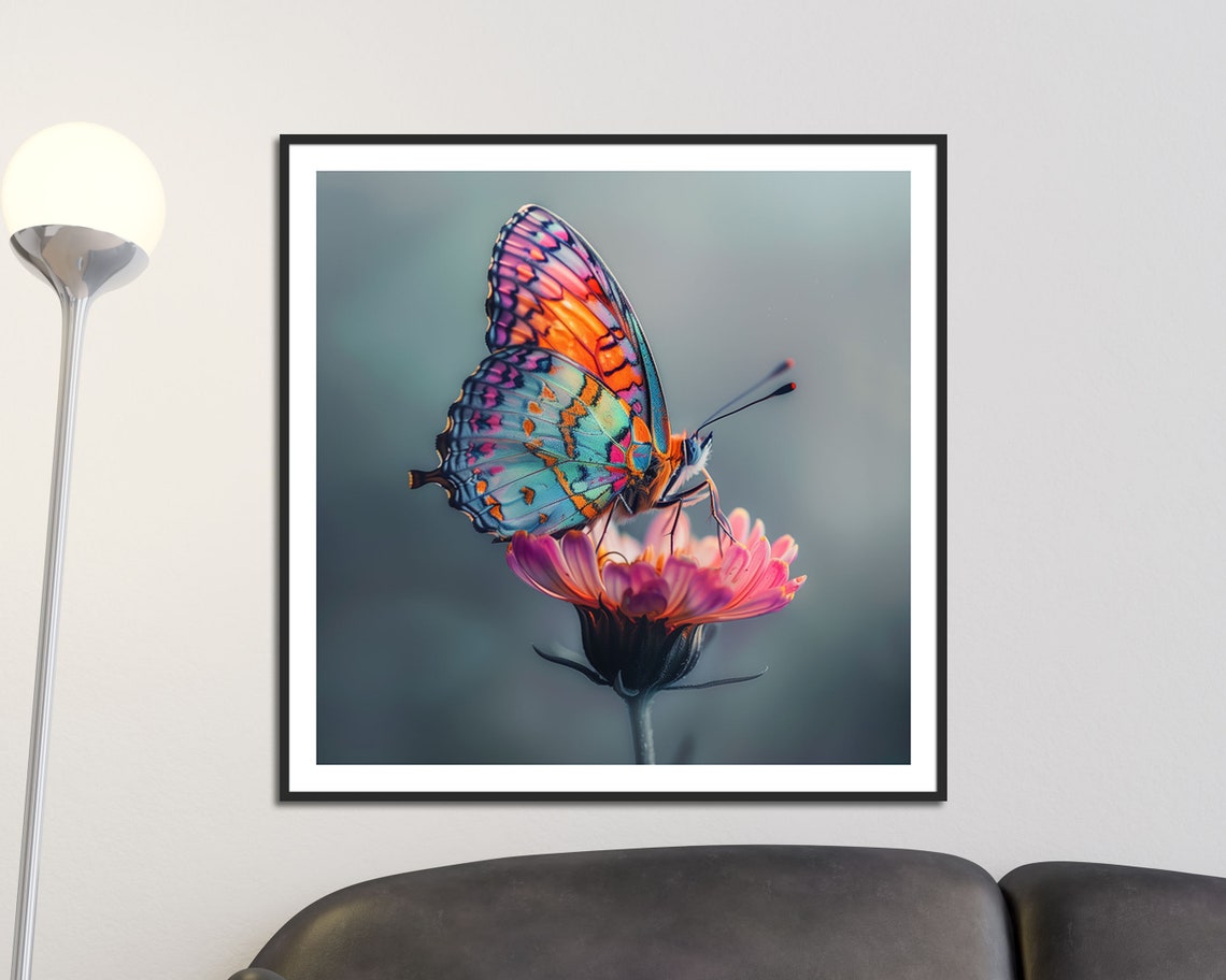 Multicolor Butterfly Resting On Pink Flower Macro Photo Wall Art - Image 4