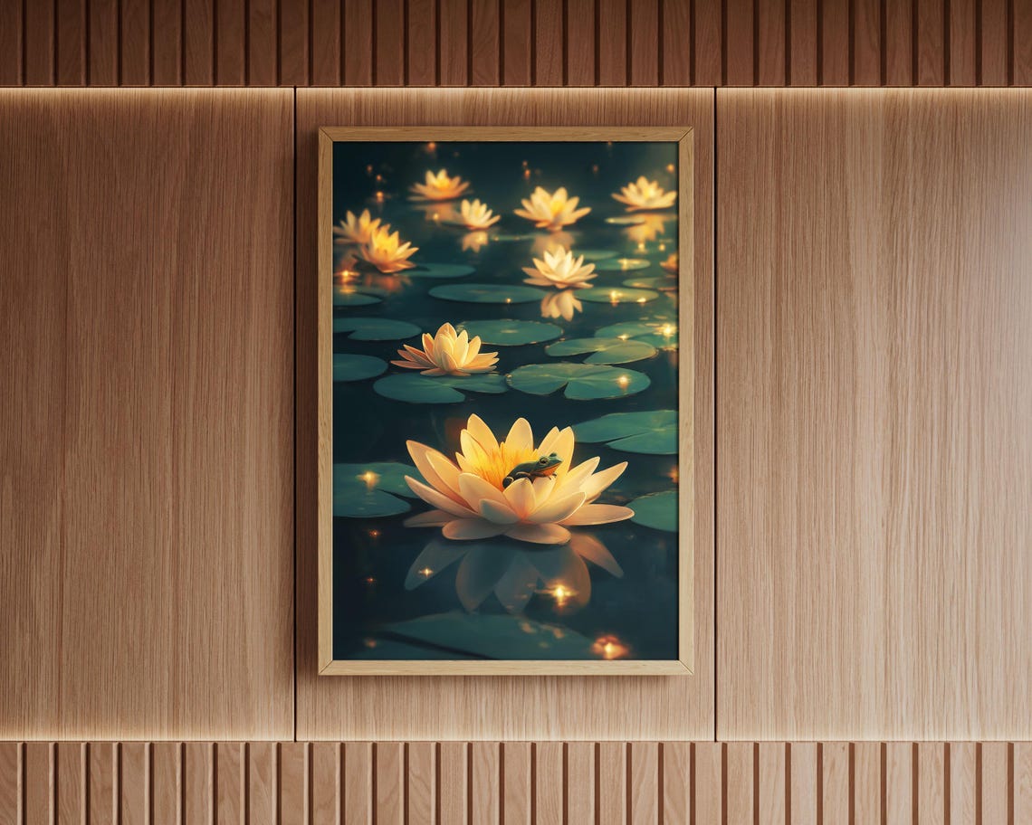 Green Frog On Glowing Water Lily Night Pond Magical Art Poster - Image 3