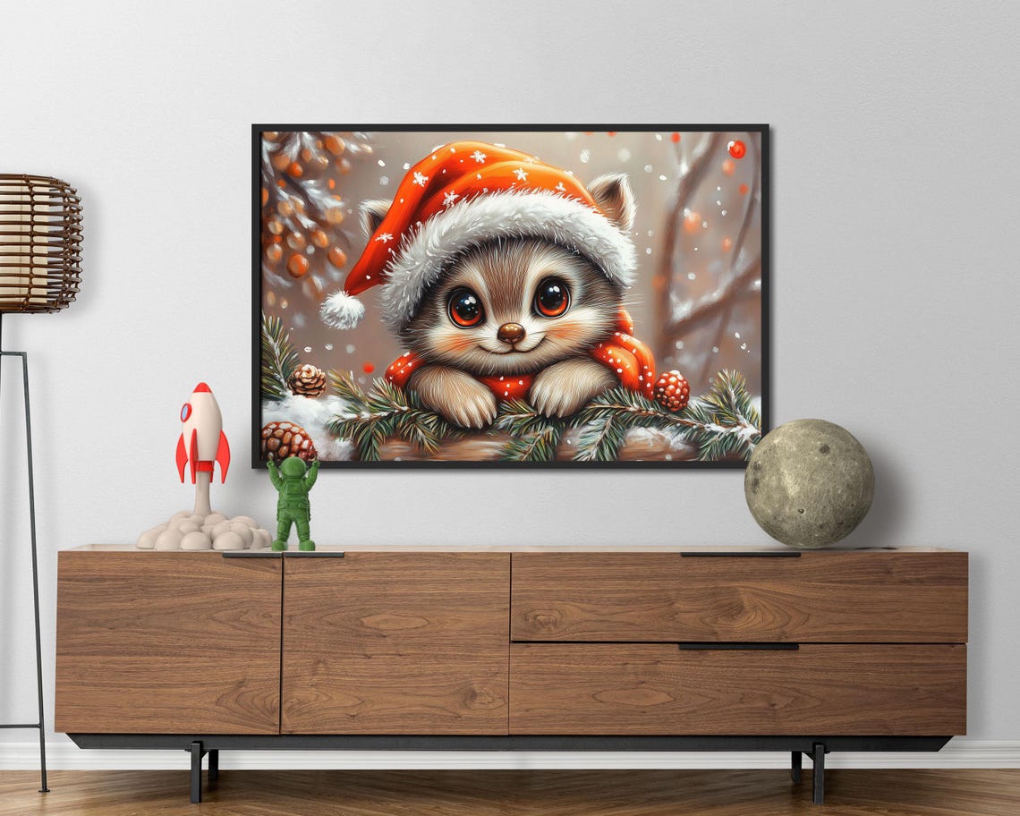 Raccoon In Santa Hat In Snowy Pine Forest Christmas Art Poster - Image 5