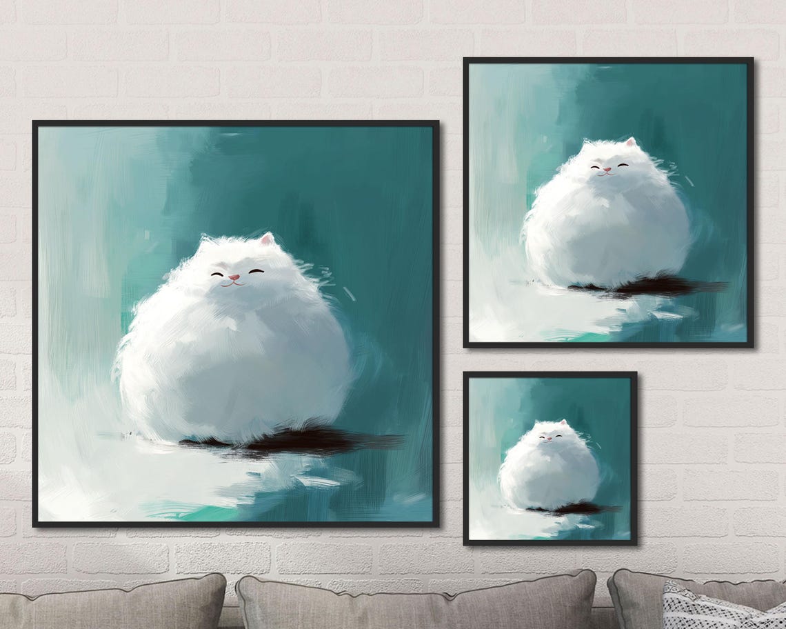Fluffy White Kitten Puppy Lamb Trio on Teal Set of Three Wall Art - Image 4