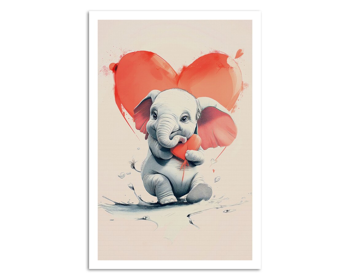 Baby Elephant With Red Heart Balloons Watercolor Love Art Poster - Image 5