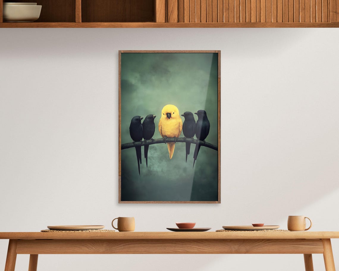 Yellow Bird Among Black Birds On Branch Moody Minimal Art Poster - Image 5