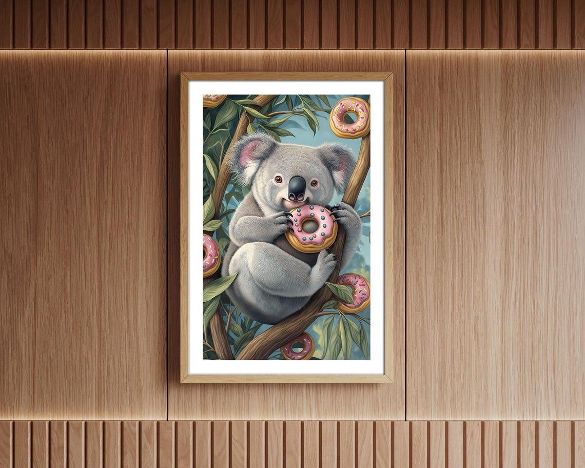Cute Koala Eating Pink Donut In Tree Whimsical Sweet Art Poster - Image 3
